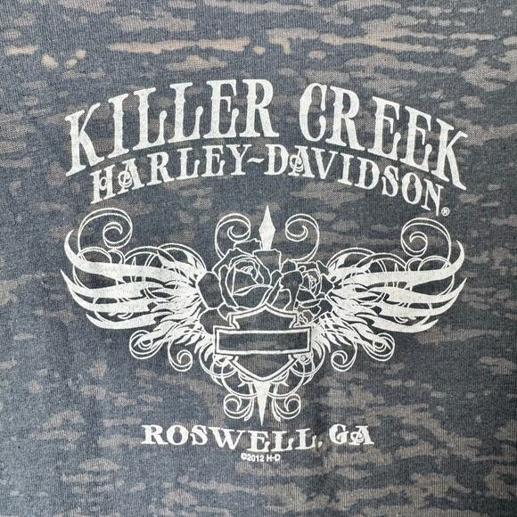 Harley Davidson T-Shirt Womens Large Burn Out Gray Roswell GA Graphic V-Neck - Picture 2 of 9